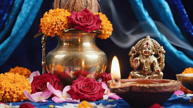 Cheti Chand background with minimalist altar and blue toned decor for Sindhi New Year