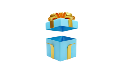 Open Blue Gift Box with Gold Bow and Ribbons