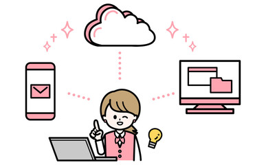 クラウド導入で業務改善する女性スタッフのDX化のイメージイラスト