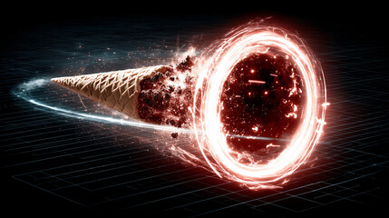 Ice cream cone sucked into swirling red portal vortex