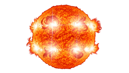 Vibrant sun with dynamic solar flares on black background