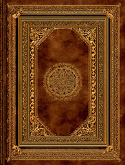 an ornate brown book cover with golden filigree borders, vintage illustration, detailed, high resolution, no background, no shadows