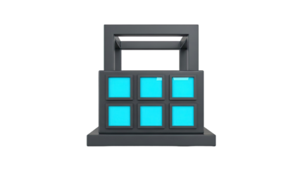 Modern gray structure with six glowing blue screens