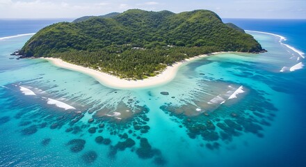 A breathtaking aerial view captures a lush green tropical island, surrounded by pristine white sand beaches and crystal-clear turquoise waters and visible coral reefs.