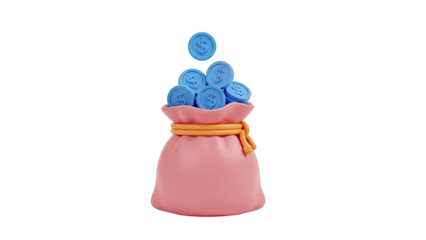 Pink money bag overflowing with blue dollar coins