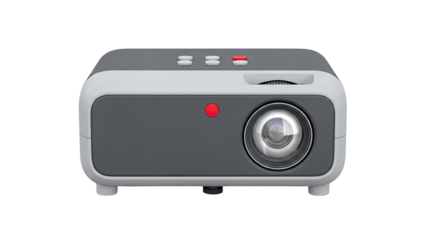 Portable Gray and White Projector with Red Button and Lens