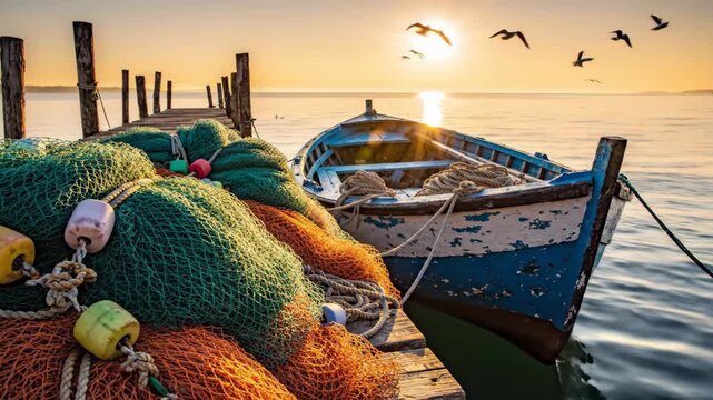 Serene Sunrise at a Fishing Pier - A rustic blue fishing boat is moored at a wooden pier, with colorful fishing nets piled on the dock.