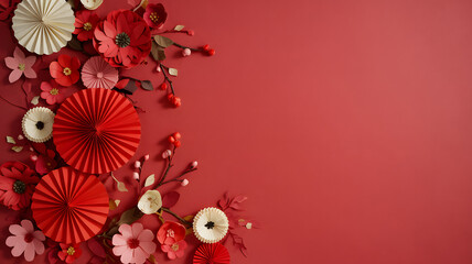 Vibrant red paper cut flowers and fans creating a festive border on a colorful b