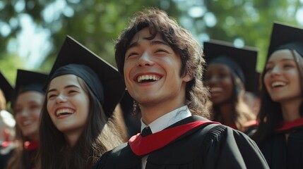 Excited diverse group of graduates in caps and gowns celebrating commencement ceremony on sunny day