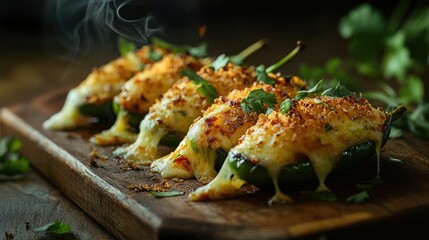 Deliciously Baked Jalapeno Peppers Stuffed with Cheese and Topped with Herbs on a Wooden Board