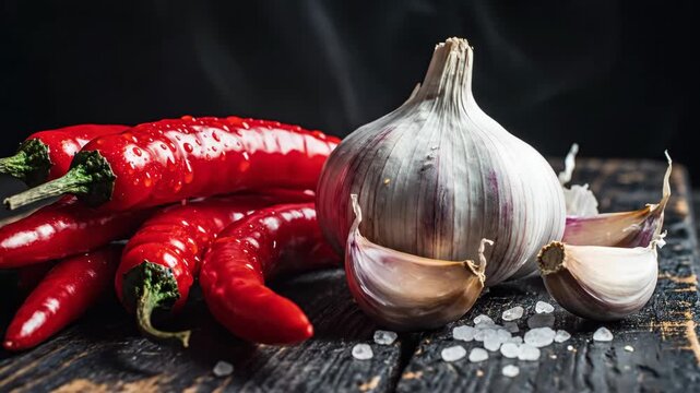Chili and Garlic Still Life - A close-up shot features a bunch of fresh red chili peppers adorned with water droplets, paired with a bulb of garlic and loose cloves.