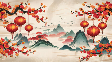 Bright red lanterns on flowering branches above misty mountains with birds flyin