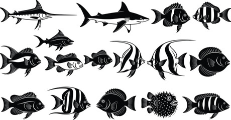 Stylized fish vector illustration set, black and white marine animal icons, tropical and ocean species, graphic design for print, decor, education