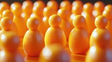 A multitude of orange figurines arranged in neat rows, symbolizing unity and community