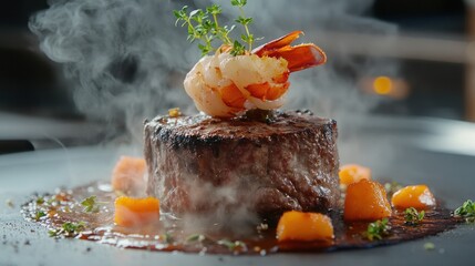Gourmet Filet Mignon Topped with Shrimp and Garnished with Diced Carrots