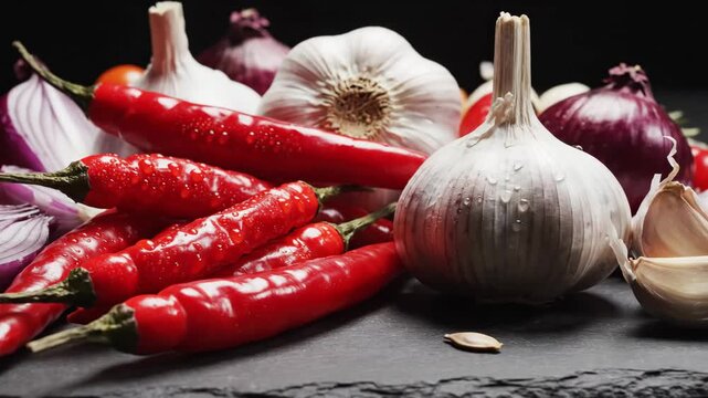 Fresh Vegetables Still Life - This close-up shot features vibrant red chili peppers covered in droplets of water, alongside garlic bulbs and red onions on a dark slate surface.