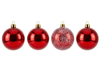 Four vibrant red spherical Christmas ornaments, varied textures (metallic, glossy, frosted, semi-matte) with gold caps, on transparent background, copy space. Festive holiday atmosphere
