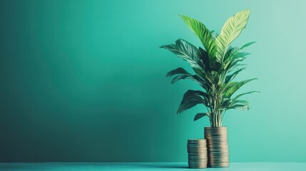 Financial Growth and Investment A Plant Growing on Stacked Coins Symbolizing Prosperity and Successful Returns