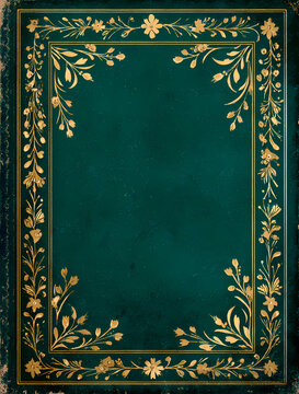 a dark green background with golden floral borders around the edges of an old book cover, in the style of digital art.