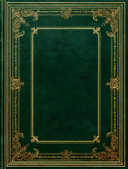 a green book cover with golden borders, an ornamental frame, and a blank space in the middle of the page.