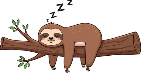 Vector illustration of a cute brown sloth sleeping on a tree branch with ZZZ symbols isolated on white background. © REYAD