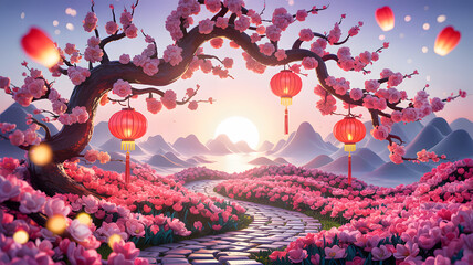 Winding path through pink flowers with cherry blossoms and glowing red lanterns