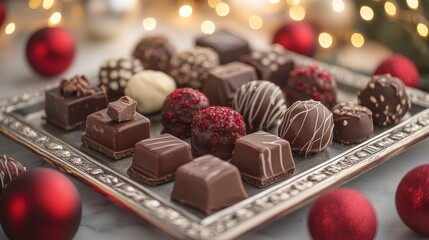 Luxurious holiday chocolate collection presented on a decorative tray, adorned with sparkling festive ornaments and glowing lights, perfect for seasonal celebrations and sweet indulgence