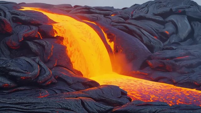A river of molten lava flowing down a rocky landscape with dark solidified lava formations around it volcano landscape video