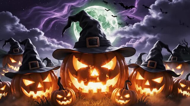 Spooky Halloween Pumpkin Patch at Night - A Halloween scene featuring glowing jack-o'-lanterns wearing witch hats under a mystical full moon.