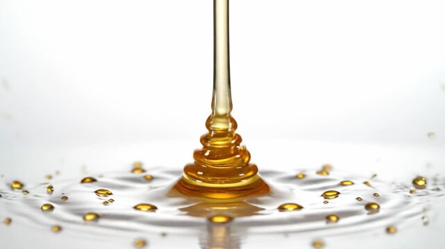 Honey Pouring Close-Up - A close-up shot shows honey being poured on a white surface, creating a pool and tiny droplets around it.