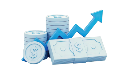 Blue 3D render of money stacks, coins, and upward trending arrow on white background