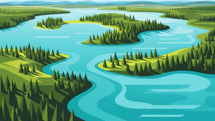 A serene winding river with numerous islands covered in lush green trees flows gently through a peaceful landscape under a partly cloudy sky with serene with waterway