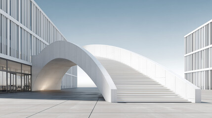 Modern white architectural structure with a curved bridge and stairs connecting two contemporary buildings under a clear sky.
