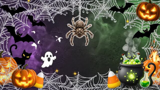 Halloween Spooky Scene with Spider - This Halloween themed video features a variety of spooky elements including ghosts, bats, jack-o-lanterns, a spider, and a witch's cauldron.