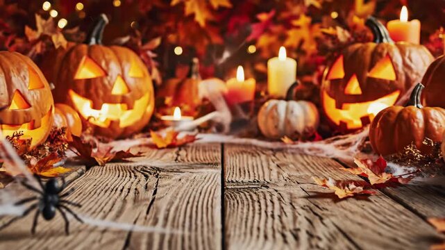 Halloween Jack-O'-Lantern Display - A festive Halloween scene featuring carved jack-o'-lanterns with glowing candlelight surrounded by autumn leaves and decorative spiderwebs.