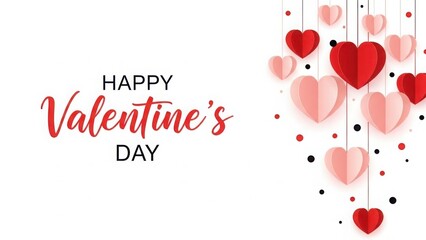 Happy Valentine's Day card with pink and red hearts hanging, festive and romantic celebration