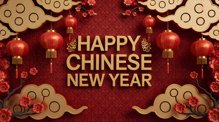 A vibrant celebratory Happy Chinese New Year graphic with traditional red lanter