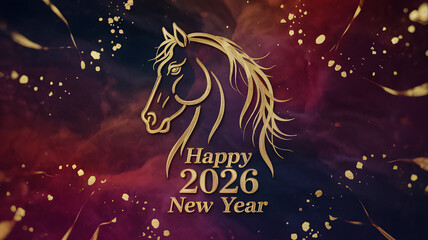 Elegant golden horse head Happy New Year 2026 graphic with festive background