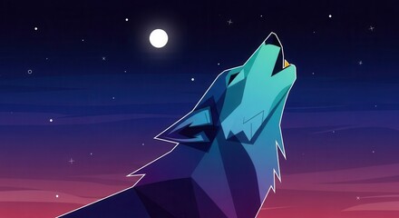 Stylized depiction of a wild canine creature howling toward a bright celestial body in a colorful night sky