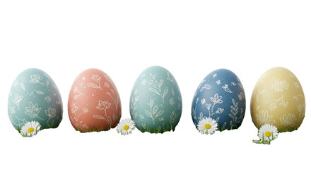Meticulously arranged soft pastel Easter eggs with whimsical floral patterns, nestled in lush green grass and white spring flowers, macro shot, transparent background, festive Easter celebration