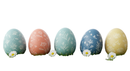 Meticulously arranged soft pastel Easter eggs with whimsical floral patterns, nestled in lush green grass and white spring flowers, macro shot, transparent background, festive Easter celebration
