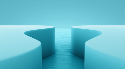 A serene, minimalist abstract image featuring two light blue curved forms separated by a narrow, rippled blue channel, suggesting a calm divide or path.