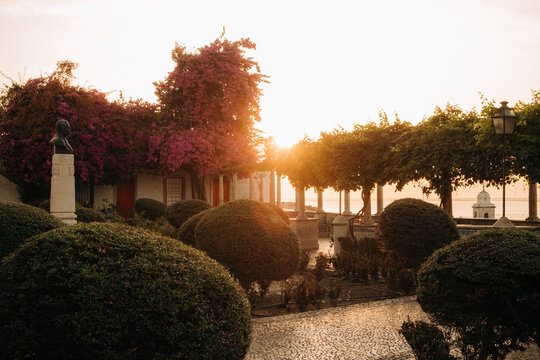 Sunrise shining through garden and monument in city park