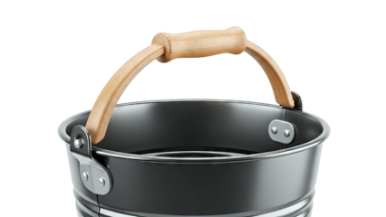 Close-up of a black metal bucket with a wooden handle
