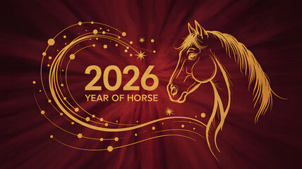 Graceful golden horse and 2026 text on a vibrant red background