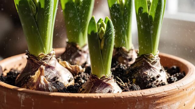 Watering Hyacinth Bulbs in Terra Cotta Pot - Close-up view of hyacinth bulbs planted in a terra cotta pot, being watered with water droplets visible in the air.