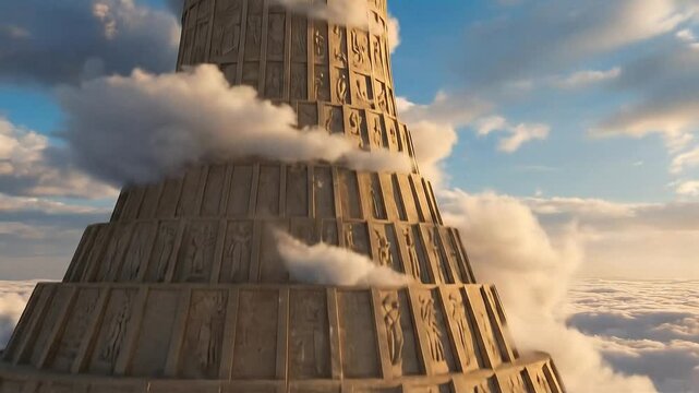Tower of Babel rising into the clouds