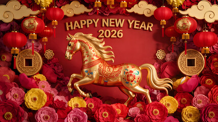 Golden horse figurine surrounded by vibrant red lanterns and colorful paper flow