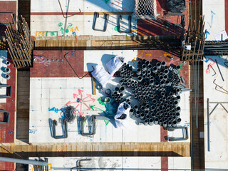 Construction formwork with steel rebar and pipes aerial