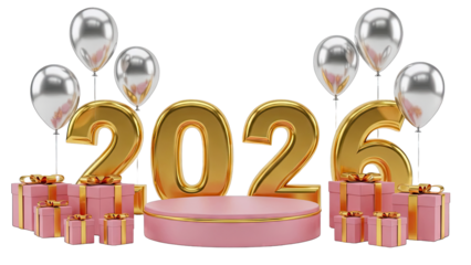 Happy New Year 2026 Celebration with Gold Numbers, Balloons, and Gifts